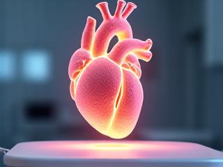 Augmented reality visualization of a 3D medical scan model floating above an operating table