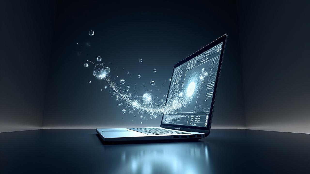 Futuristic abstract data points and 3D models floating over a MacBook Pro, connecting digital output to real-world interaction