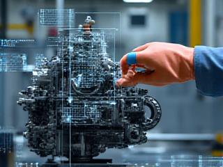 Augmented reality overlay showing assembly instructions on complex machinery in a factory