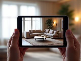 Augmented reality app showing virtual furniture placed in a living room via a tablet