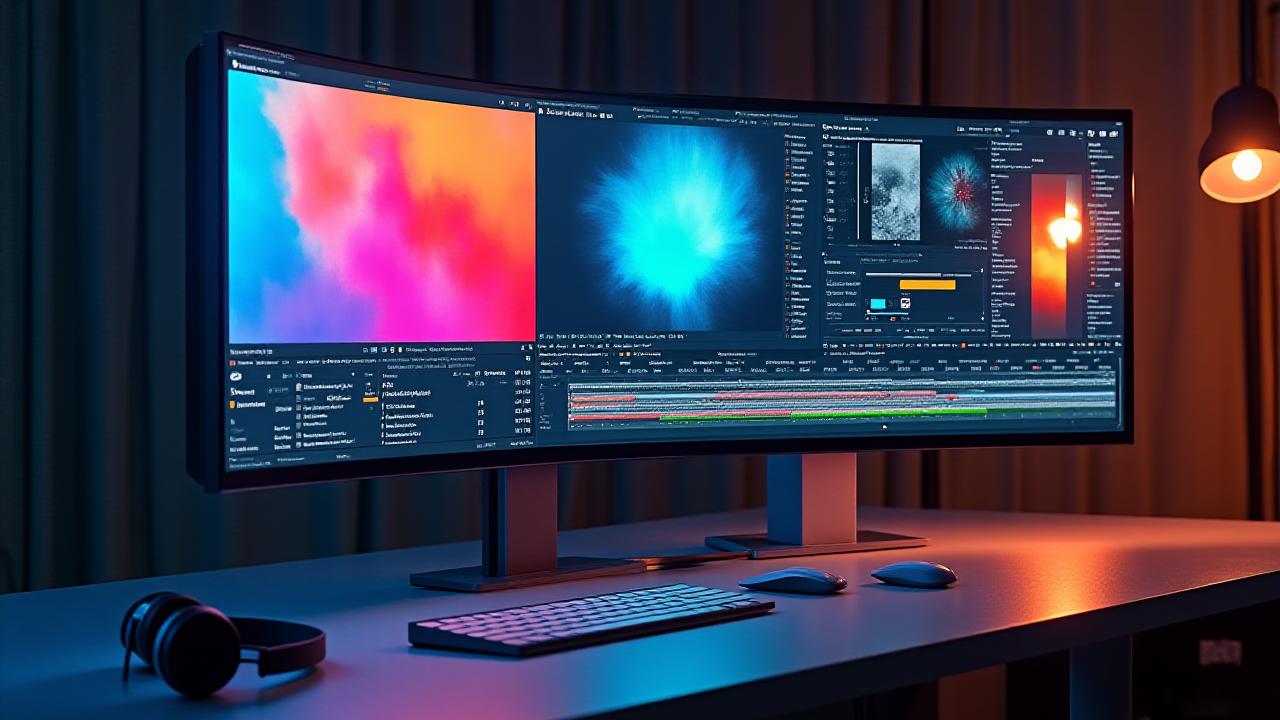 A dynamic composite image showcasing creative workflows: a design canvas with color palettes, a video editing timeline, and a music production Digital Audio Workstation, all seamlessly integrated on a Mac desktop.