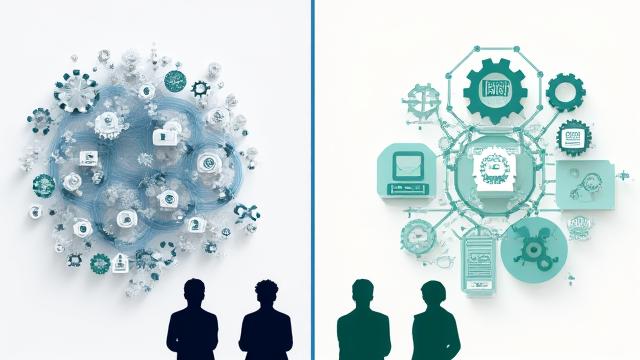 Diagram showing a streamlined workflow for custom software versus cluttered generic software processes.