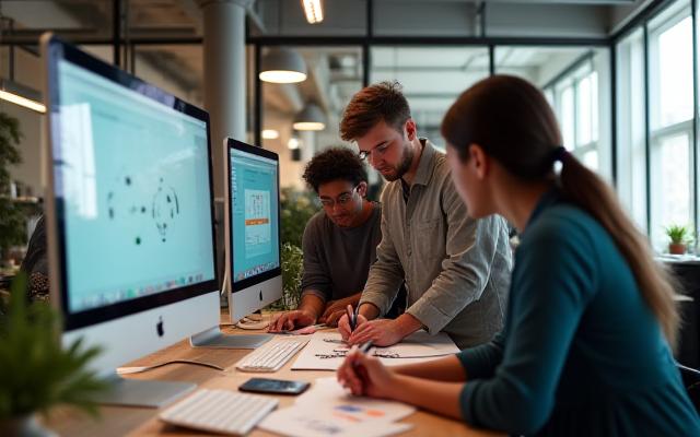A creative agency team collaborating around a Mac desktop.