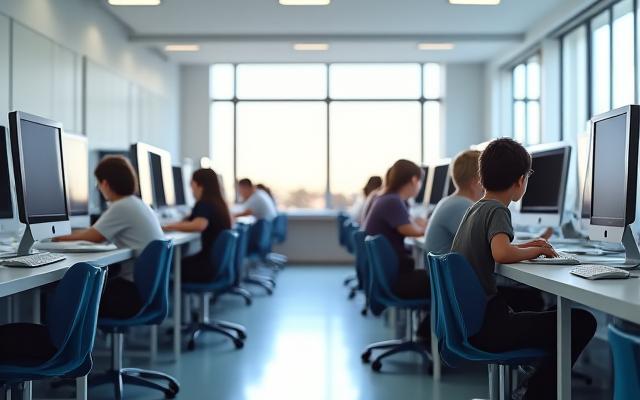 Students in a modern classroom utilizing Macs for learning.