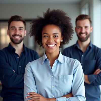 Smiling Eudaimon OS support team members in a modern office.