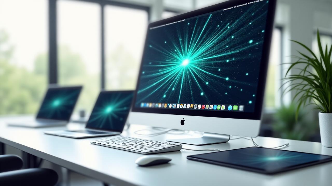 An organized, modern office space with multiple Apple devices seamlessly connected, showcasing a perfectly orchestrated Mac ecosystem.