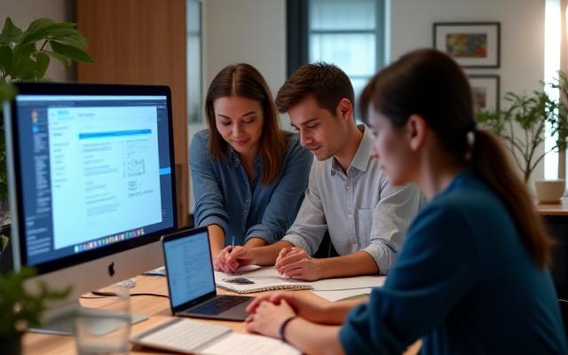 A small business team reviewing data on a Mac laptop.