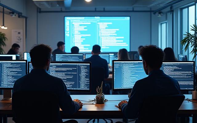 A dynamic tech startup environment with developers working on Macs.