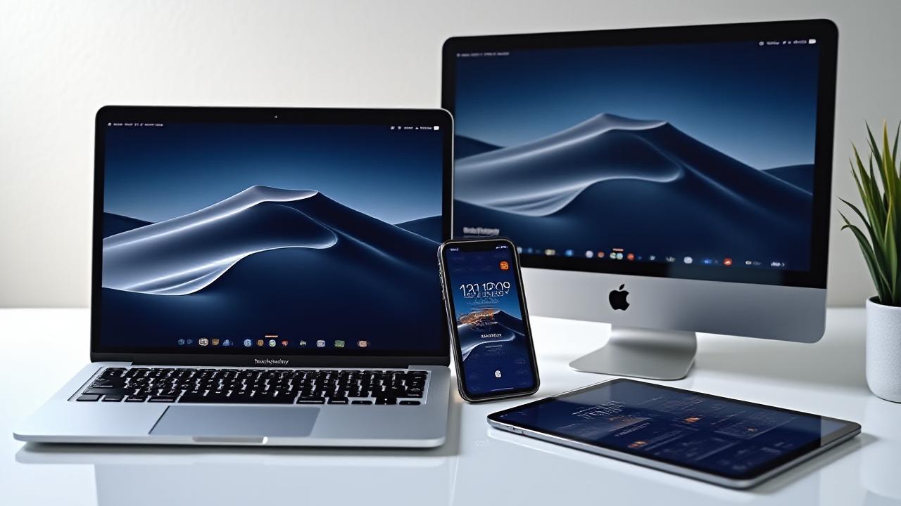 Animated mockup of Eudaimon OS designed app interfaces across MacBook, iPhone, and iPad, showcasing fluid transitions and responsive design.